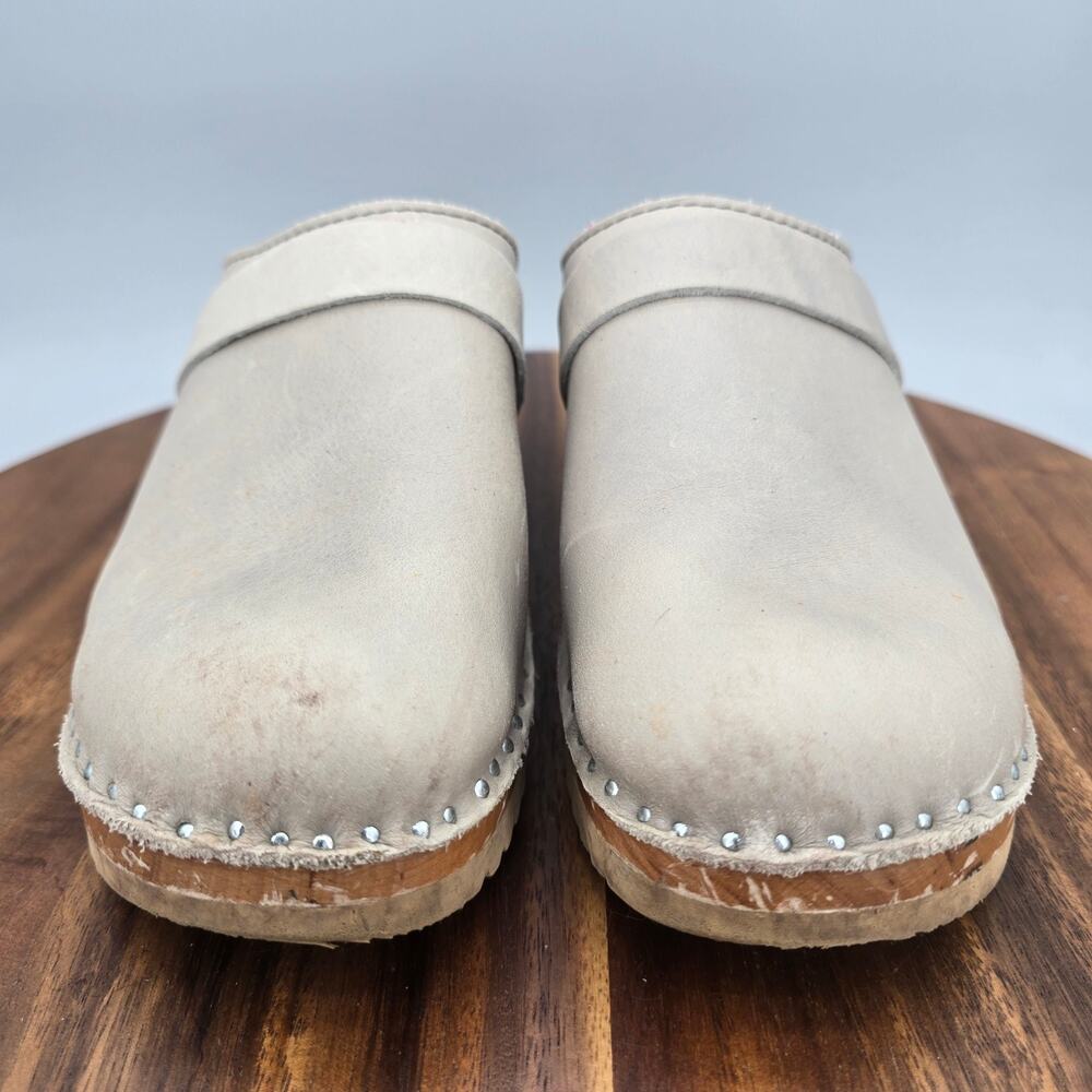 Troentorp Clogs Womens 6 36 Taupe Gray Leather Slip Resistant Work Wooden Wedge - Picture 2 of 10